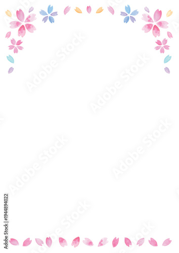 ムラのある手描き水彩の桜と花びらの白い背景-縦型