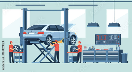 Car repair service with mechanics working on vehicle maintenance.
