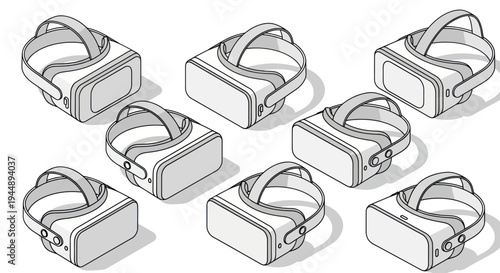 Collection of eight identical virtual reality headsets arranged in a pattern.