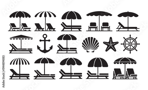 Summer beach icons. umbrella and beach chair. relax and vacation symbols. vector illustration