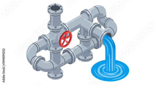 Complex industrial pipe system with flowing water and red valve.