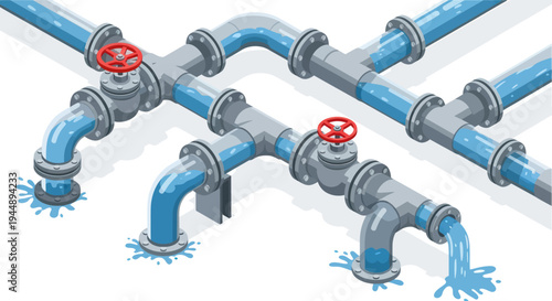 Complex Industrial Plumbing System with Valves and Water Flow.
