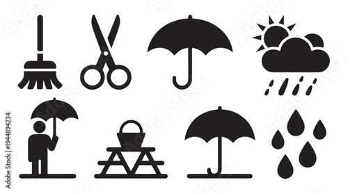 Weather icons collection set silhouette showing rain sun and man with umbrella