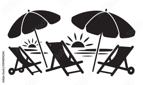 Beach chairs umbrellas and sunset two vector illustration silhouette for vacation