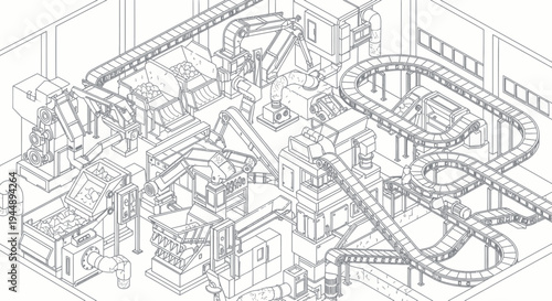 Complex industrial factory with intricate machinery and conveyor systems.