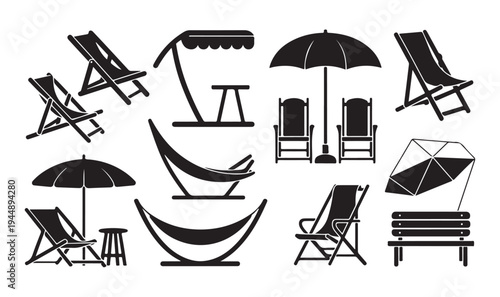Outdoor furniture silhouettes set featuring beach chairs hammocks and garden benches vector