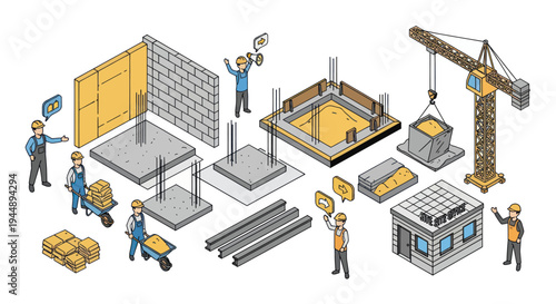 Construction Site Elements and Workers Building Structures.
