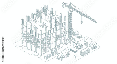 Construction site with crane and building in progress.