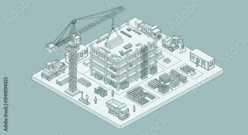 Construction Site with Crane and Buildings Isometric View.