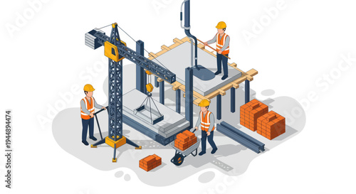 Construction Site with Workers and Crane.