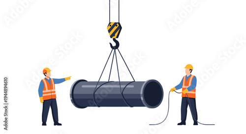 Construction workers operating a crane to lift a large pipe.