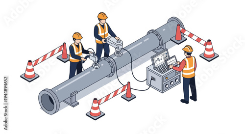 Construction Workers Repairing Large Industrial Pipe with Equipment.