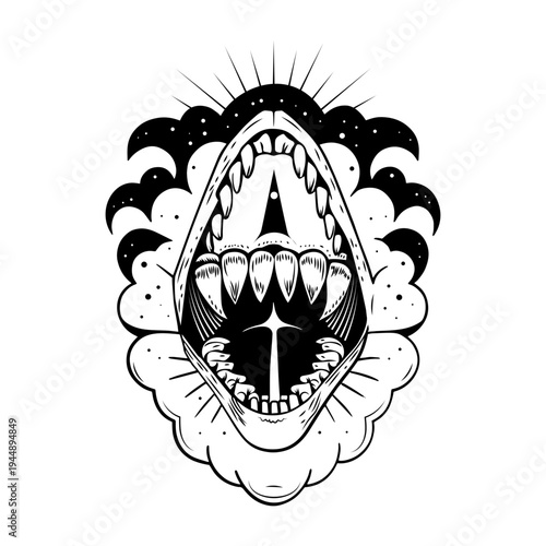 Filled style illustration showing open jaw anatomy