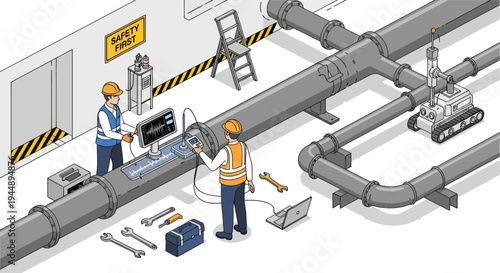 Engineers inspecting industrial pipeline system with robotic assistance.