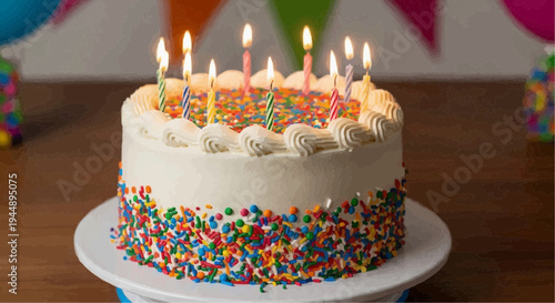 Festive Cake Celebration: A vibrant birthday cake adorned with colorful sprinkles and glowing candles, poised atop a delicate cake stand, perfect for marking a special occasion.