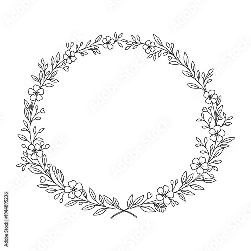 Okrągły wianek kwiatowy — ręcznie rysowana ilustracja wektorowa w stylu line art. Elegancka ramka z kwiatów, gałązek i liści z detalem w postaci małych serduszek. Czarny kontur na białym tle