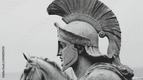 Monochrome Marble Warrior Statue Wearing Crested Helmet Beside Horse