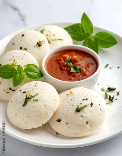 Delicious South Indian Idli with Tomato Chutney and Fresh Basil.