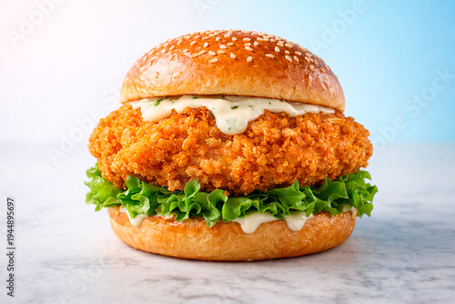 Crispy chicken burger with breaded fried chicken fillet, fast food sandwich concept