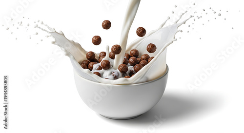This dynamic high-speed studio photograph captures the energetic moment fresh, creamy white milk is poured into a clean ceramic bowl filled with crunchy, round chocolate cereal balls. 