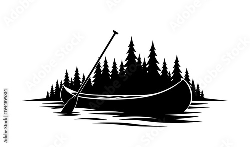 Canoe and paddle silhouette with pine forest and lake scene vector isolated on transparent background