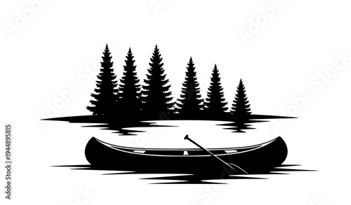 Canoe with paddle on lake near pine trees black silhouette vector illustration isolated on transparent background