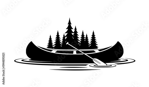 Black silhouette canoe with paddle on water and pine trees nature vector illustration isolated on transparent background