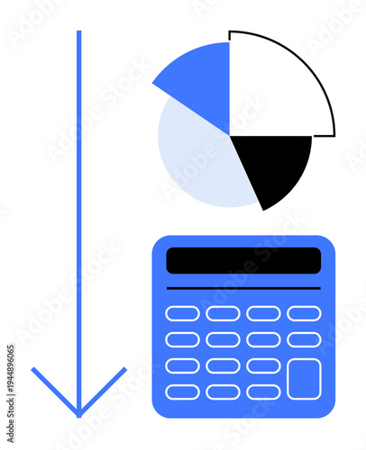 Investment analysis, financial performance, data management, business forecasting, economic trends, budgeting. Simplistic calculator, pie chart and arrow. Financial analysis and investment