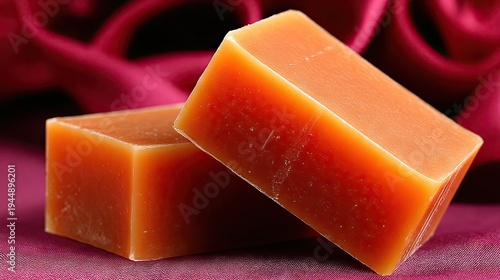 Handmade Orange Soap Bar Stacked on Pink Fabric Background