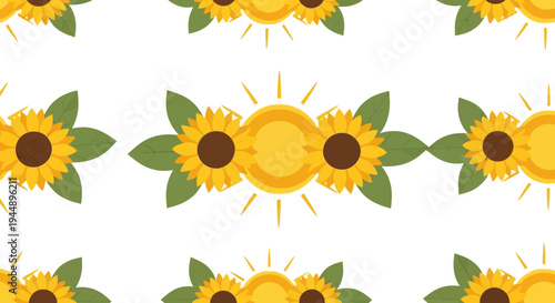 A flat design illustration of a spring equinox celebration concept featuring a seamless pattern of sunflowers and sun rays on a white background, symbolizing the day and night equal concept.