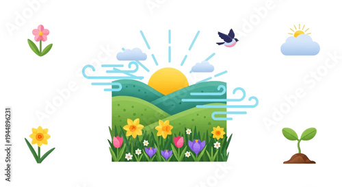 Flat design illustration of a spring equinox scene with blooming flowers, sun rays, and a bird in flight against a white background.