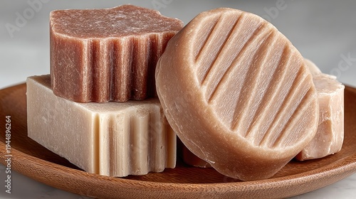 Handmade Natural Soap Bars Arranged on Wooden Plate in Studio Setting