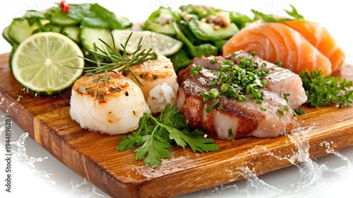 Seared Scallop and Grilled Tuna Garnished with Herbs on Wooden Board