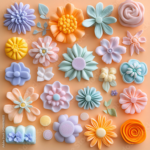 Decorative pastel fondant flowers for cake decorating concept