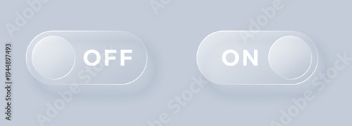 Option selection button design in glass morphism style. On Off toggle switches. Isolated vector UI elements with transparent glass effect