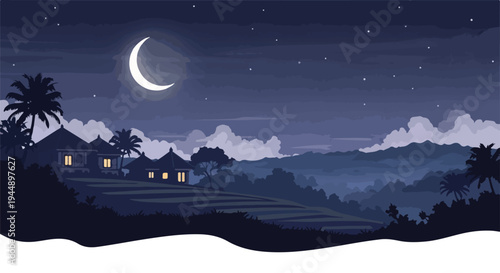 Crescent Moon in Night Sky Illustration.