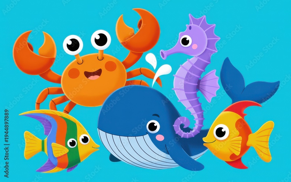 Obraz premium Colorful sea creatures swim together in ocean