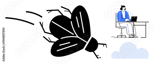 Computer bug concept. A large bug symbol next to a woman working on a laptop, troubleshooting computer errors and technical issues. Ideal for tech support, software issues, IT concepts, debugging