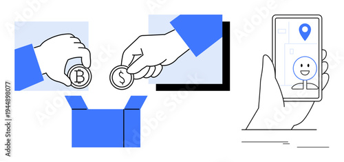 Hands dropping cryptocurrency and dollar coins into a donation box, smartphone showing a location-based charity app with a smiling face icon. Ideal for financial aid, donations, mobile payments