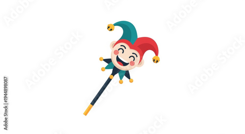 Jester character with red and green hat smiles playfully on white background