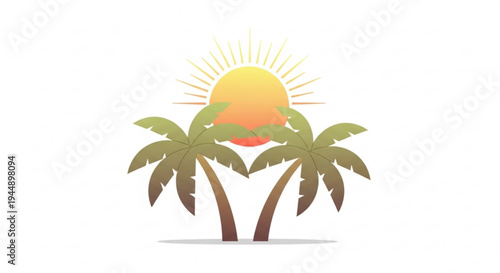 Two palm trees under a vibrant sunset with sun rays on a white background symbolizing tropical vacation and relaxation