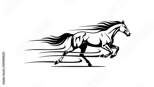 Dynamic Black and White Illustration of a Galloping Horse with Motion Trails.