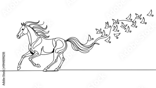 Continuous line drawing of a majestic horse galloping with birds flying from its tail.