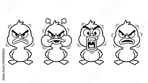 Four angry ducklings cartoon illustration in black and white.