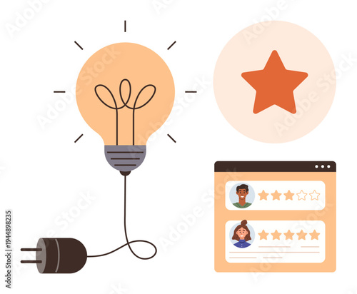 Creativity, innovation, user reviews, online ratings, customer feedback, idea generation. Light bulb, red star profile ratings on an interface. Creativity and user reviews conceptual theme