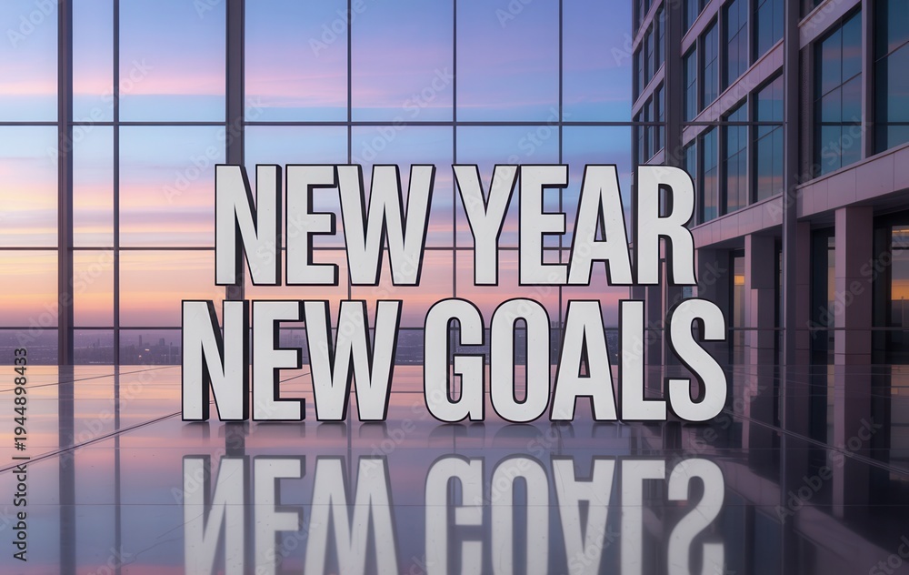 Fototapeta premium New Year New Goals Concept with Modern Office Background at Sunset