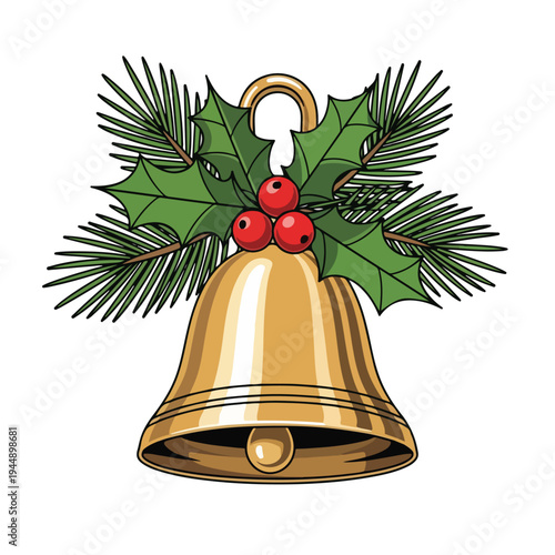 Golden Christmas Bell with Holly Decoration.