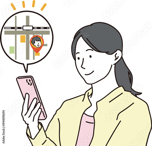 スマホのGPS機能で子供の居場所を確認するお母さんのイラスト素材