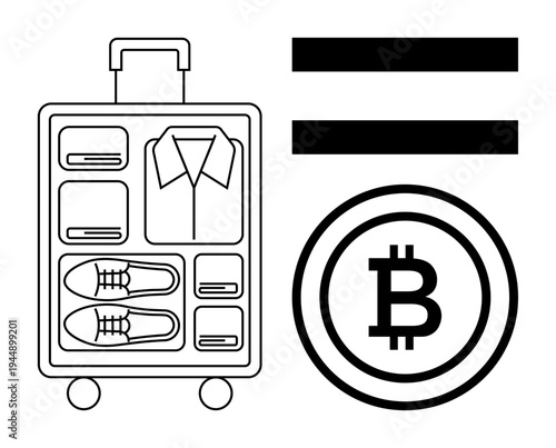 Open suitcase showing clothes, shoes, and items next to Bitcoin symbol and equal sign. Ideal for cryptocurrency travel, digital payments, finance, innovation, e-commerce, minimalism simple flat