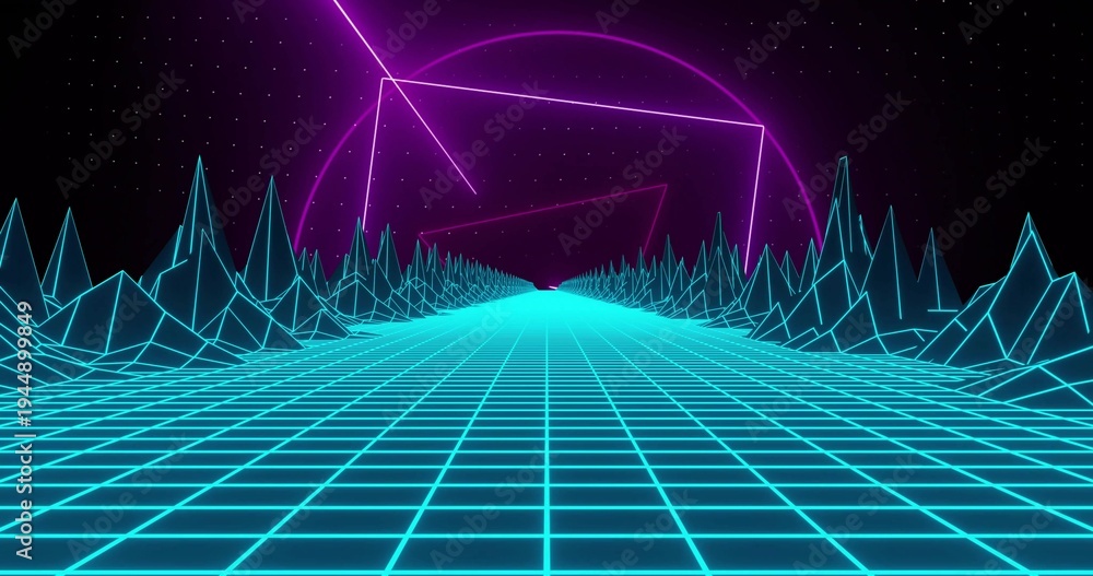 Obraz premium Leading neon cyan grid roadway toward horizon in synthwave, magenta sun and wireframe peaks